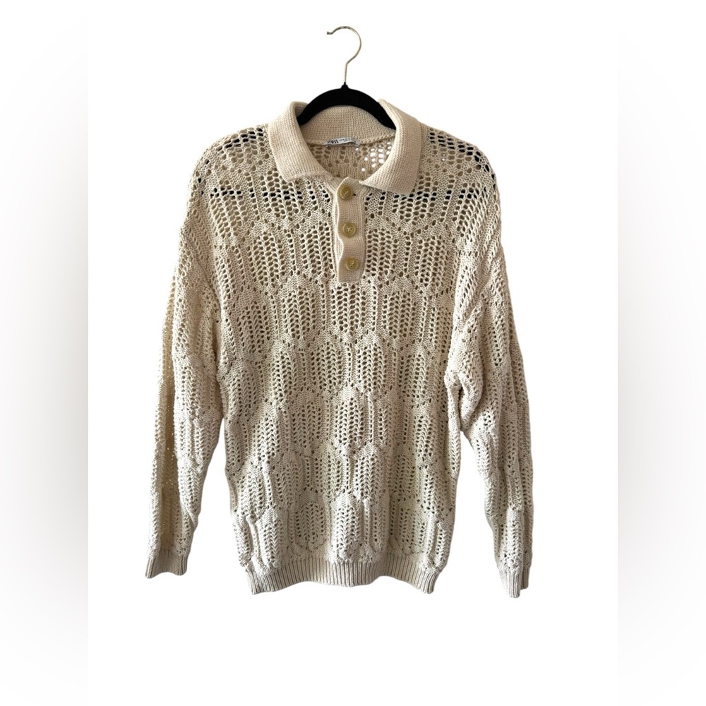 ZARA Crochet Light Beige Open-Knit Polo collar  Sweater size M